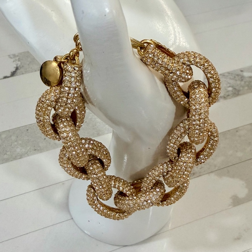 Vintage J. Crew Pave Crystal Link Bracelet Gold Tone Chunky Statement 8–9”